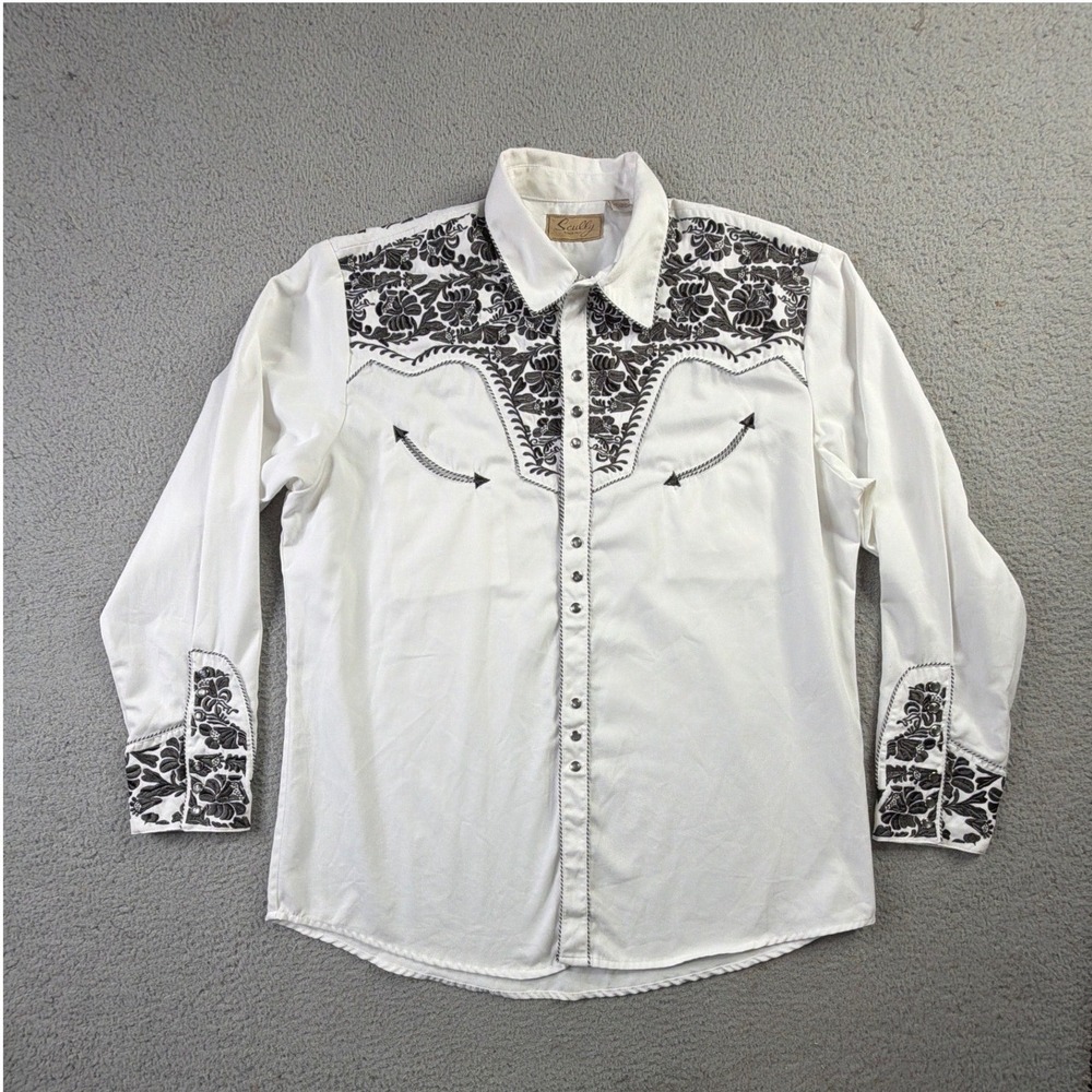Scully Gunfighter Floral Embroidered White Western Pearl Snap Shirt Mens XL
